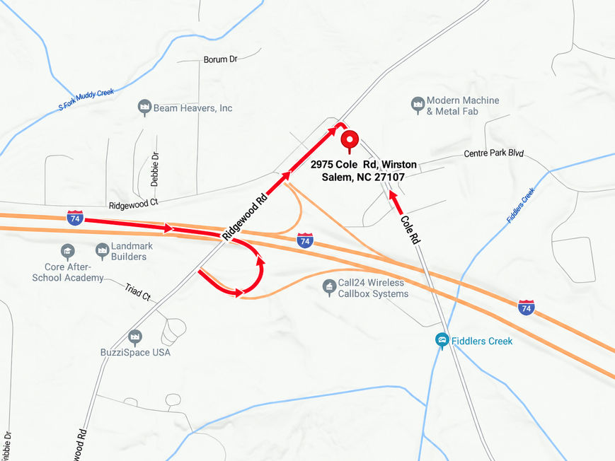Map of the Ridgewood Rd interchange on I-74 showing the approach from High Point in red and from I-40 in blue, ending at 2975 Cole Rd