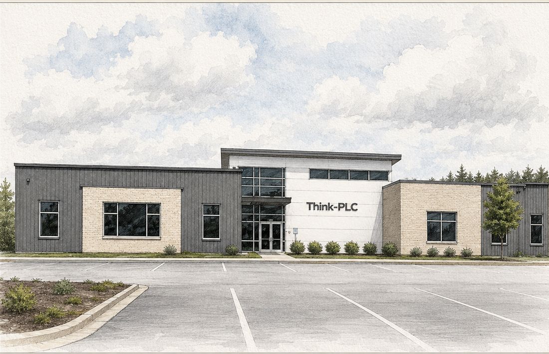 Rendering of the front of the Think-PLC building at 2975 Cole Rd showing the glass entrance under the Think-PLC sign