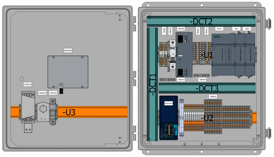 Internal layout showing the door-mounted HMI, S7-1200 PLC, power supply, terminal blocks and remote access router