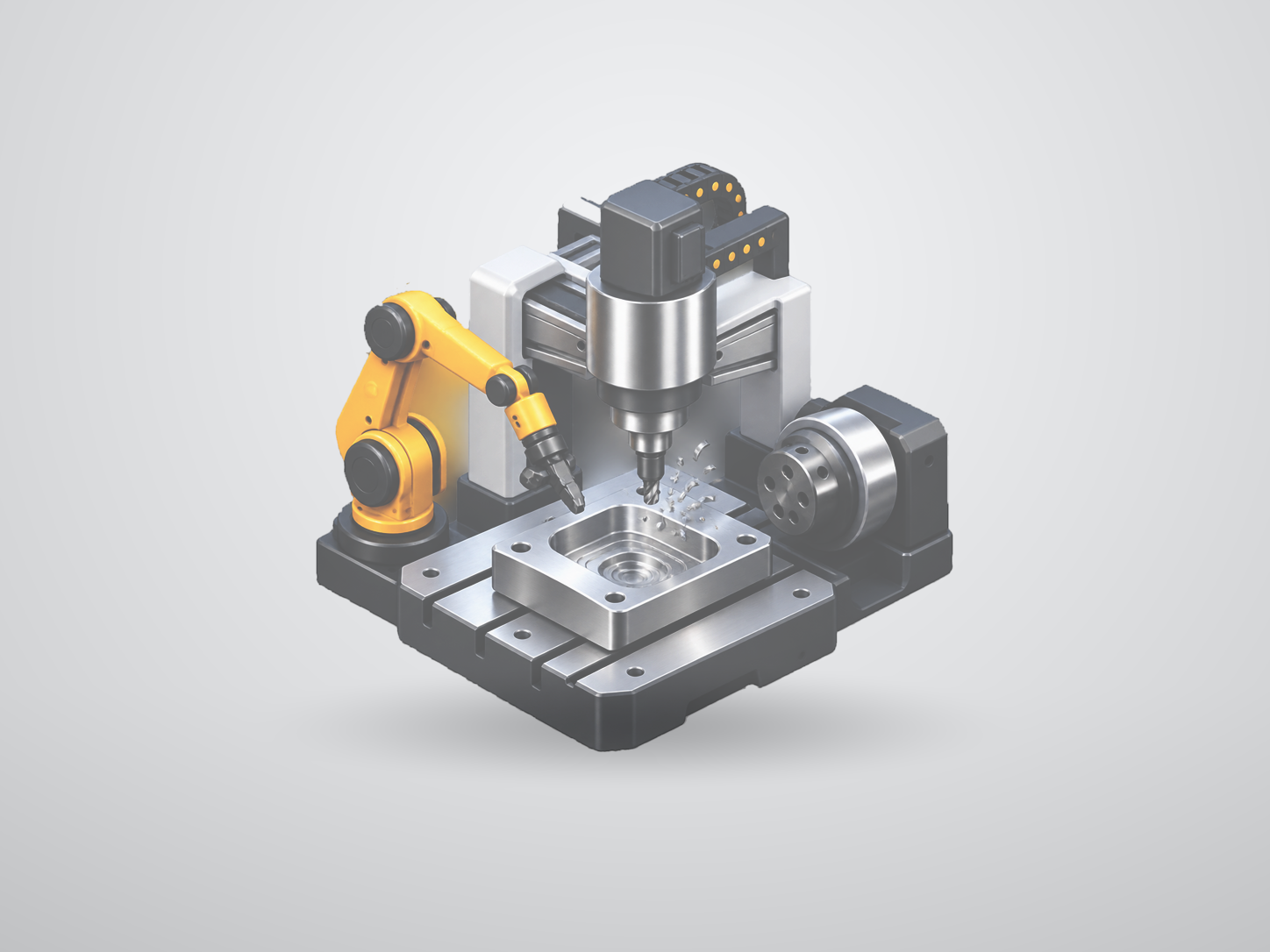 CNC machining cell with robot, spindle and rotary axis