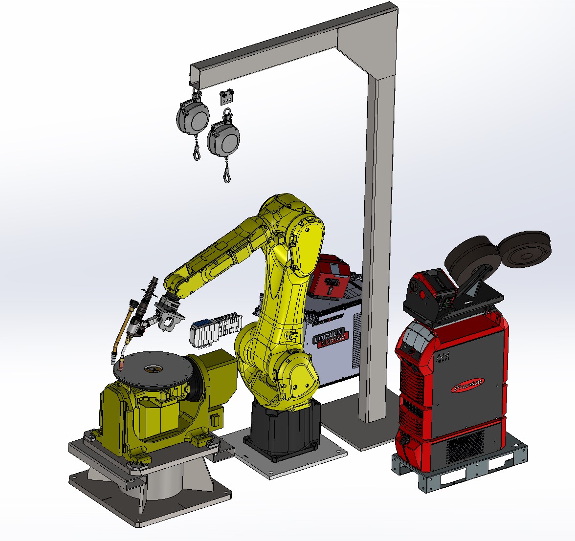 FANUC robotic arc weld cell designed by Think-PLC, with servo positioner, Lincoln Electric welding power source and boom-mounted wire feeder