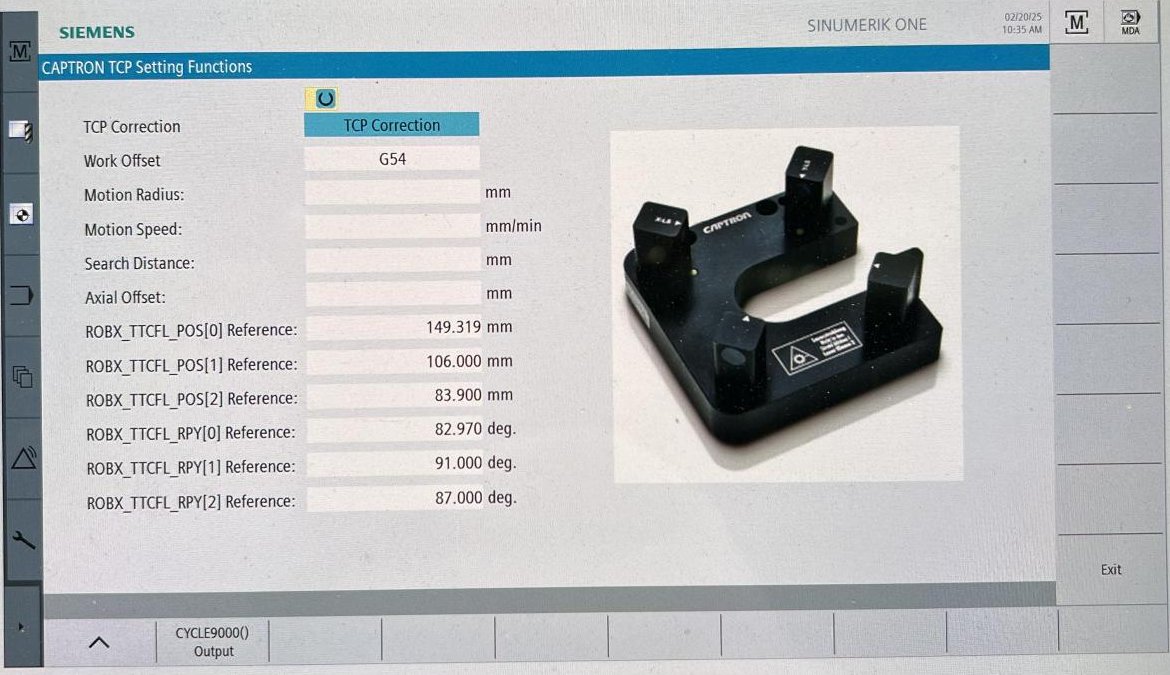 CAPTRON TCP Setting Functions Easy Screen running in SINUMERIK Operate, showing work offset, motion radius, motion speed, search distance, axial offset and the tool carrier reference positions