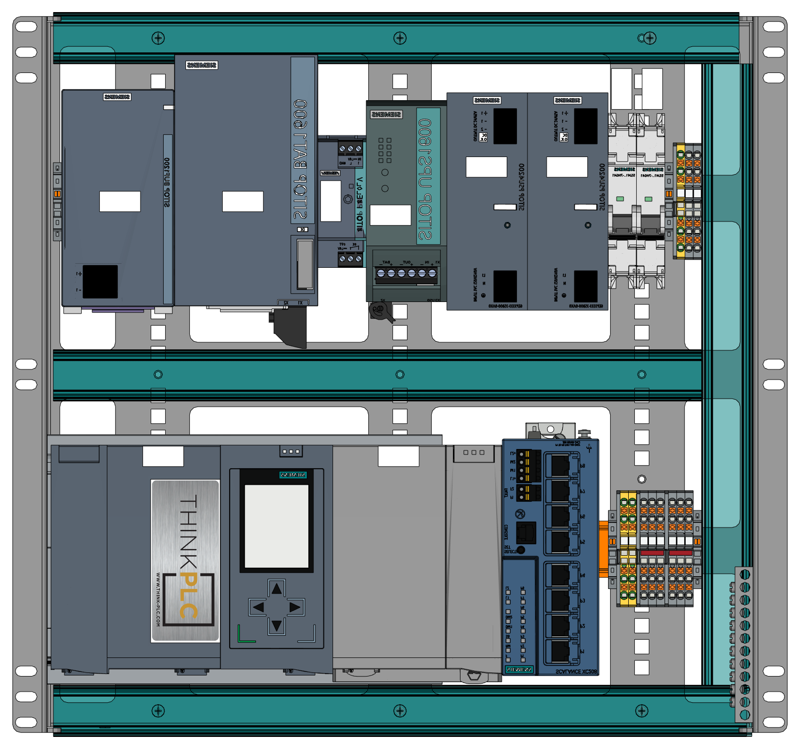 Front elevation of the 10U rack panel showing the S7-1500 CPU, SCALANCE XC208 switch, SITOP power supplies, UPS and battery module