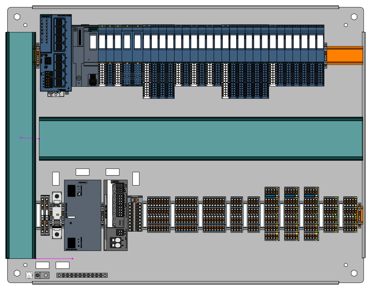 Backpan layout of the remote I/O panel showing the ET 200SP rack, SCALANCE XC208 switch, SITOP power supply and distribution module, and field terminal rows