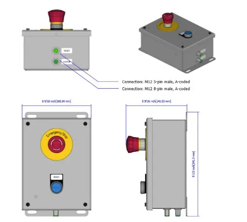 Isometric, front and side views of the PBS-2 emergency stop station with reset pushbutton, showing both M12 bulkhead connectors and the overall dimensions