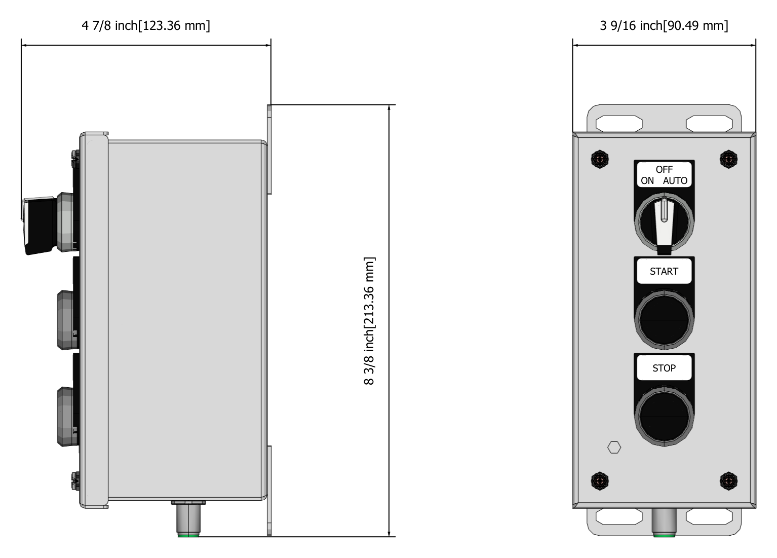 Dimensioned side and front elevations of the PBS-3 selector switch station showing the ON / OFF / AUTO selector, START and STOP pushbuttons and the M12 bulkhead connector