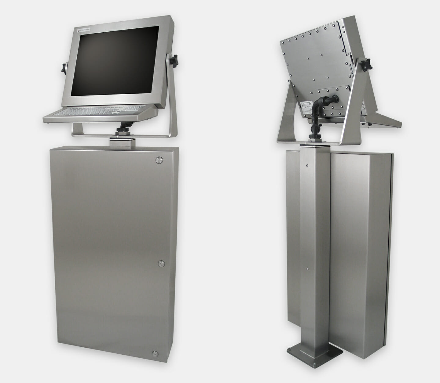 Stainless workstation console with pedestal-mounted touchscreen and keyboard, front and rear views