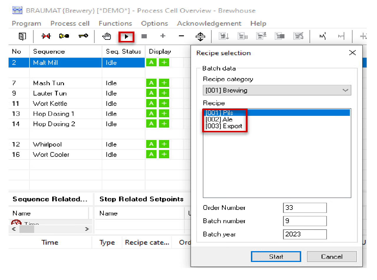 BRAUMAT recipe selection dialog choosing Pils, Ale or Export against the brewhouse unit list