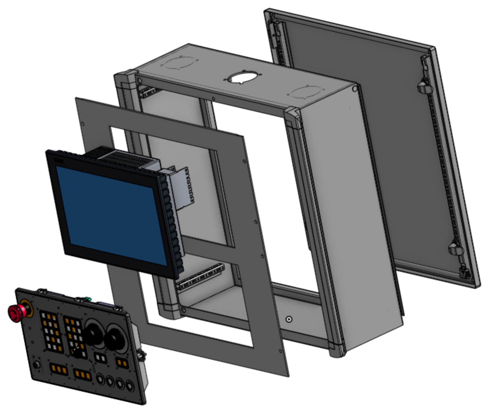 Exploded view of the NCU Operator System: machine control panel, PPU 1740, machined front plate, housing body and rear service door